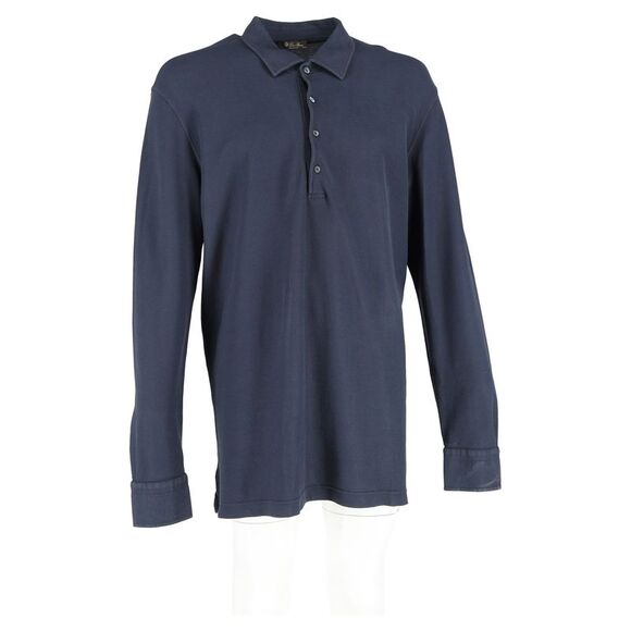 Loro Piana Long Sleeve Polo Shirt in Navy Blue Cotton